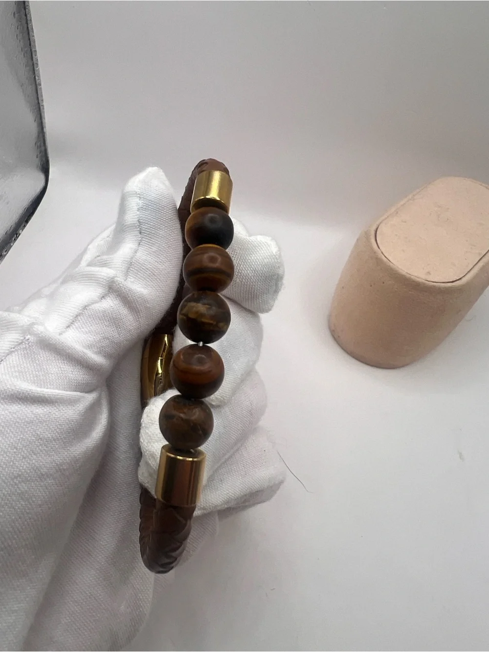 Brown Braided Leather Bracelet with Tiger Eye Beads and Gold Accents